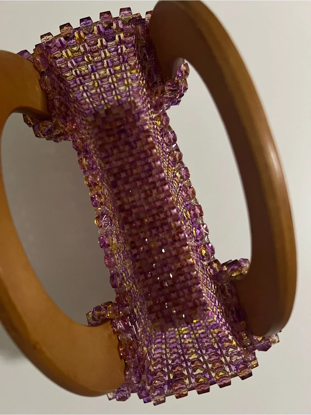 Handmade Beaded Purple Mini Tote Bag with Wooden Handles